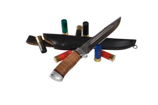 The hunting knife, sheath and cartridges on a white background