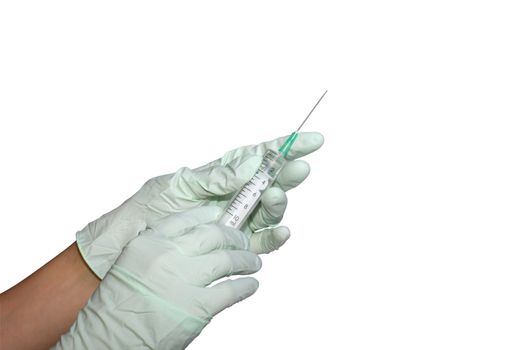 Hands in rubber gloves, hold a syringe. It is isolated, on a white background
