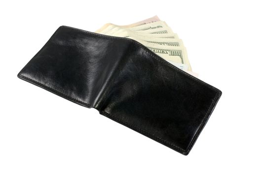 The opened wallet from which the dollar denominations spread out by a fan are visible