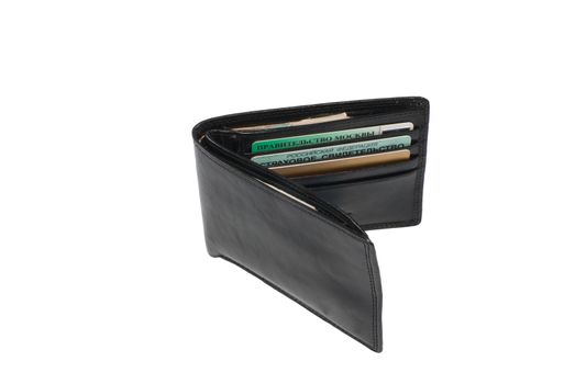 Black leather wallet on a white background.