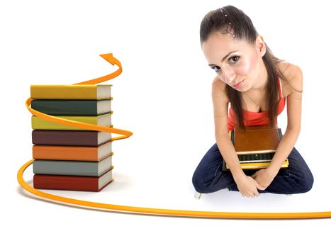 college girl holding books in her lap and looking at camera