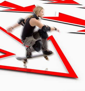 man with skateboard jumping over three dimensional arrow