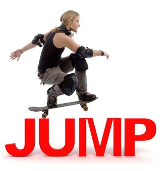 skater jumping over three dimensional jump text