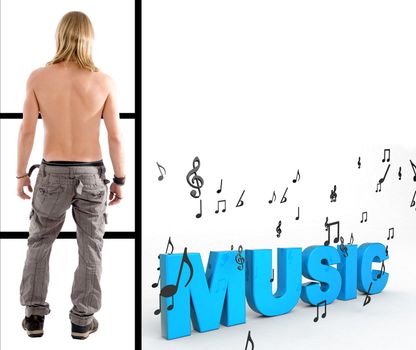 back pose of shirtless man with three dimensional  music text