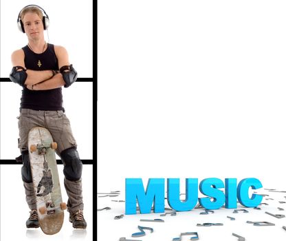 man with skateboard and three dimensional music text