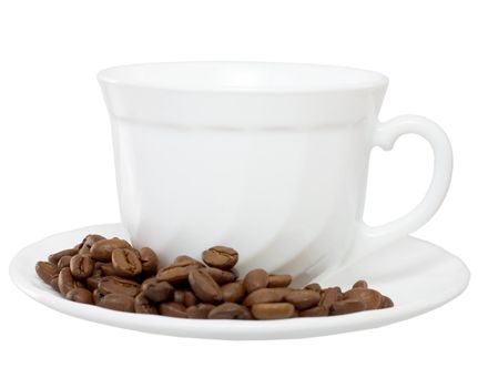 Cup and saucer with grain coffee on the white background