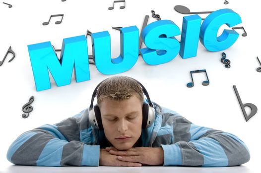 laying man enjoying music on three dimensional musical background and music text 