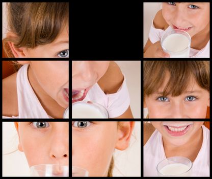 collage of different poses of little cute girl drinking milk