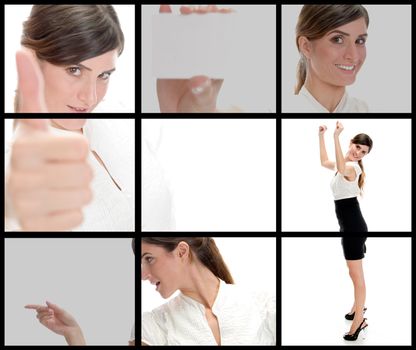 collection of different poses of young businesswoman on square background