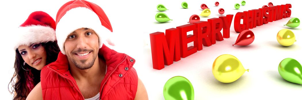 smiling couple wearing christmas hat with colorful three dimensional balloons and merry chritsmas text 