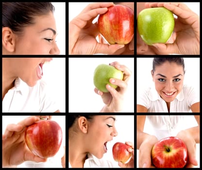 photomontage of woman eating apple on square background