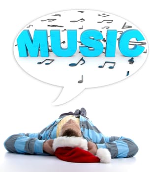 laying man with christmas hat looking at three dimensional musical notes and music text 
