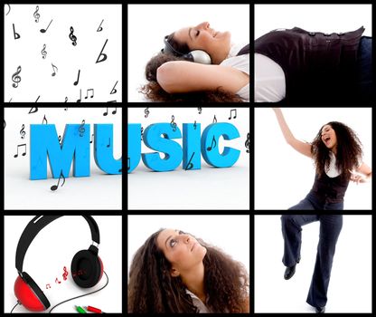 collection of young female with headphones and three dimensional music text 