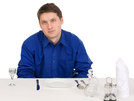 Guest of restaurant in blue shirt on a white background