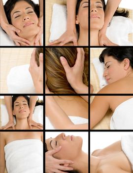 collage of different poses of beautiful woman getting massage