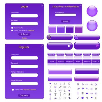 Purple web template with forms, buttons, bars and many icons.