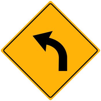 Image of a yellow sign with a curved arrow.
