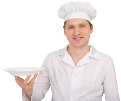 Cook in white overall with the plate a white background