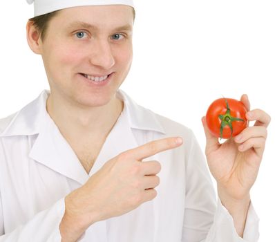 Cook in white overall with tomato in hand a white background