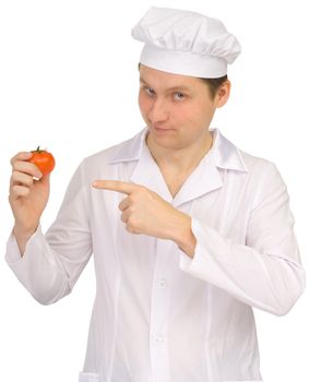 Cook in white overall with tomato in hand a white background