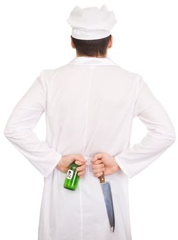 Cook with knife and green bottle of poison on a white background