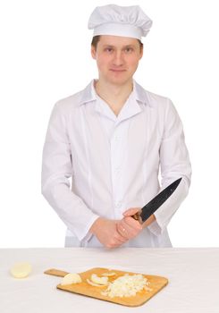 Cook in white overall with knife and preparation board on a white background