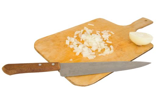 Knife and preparation board with onion on a white background