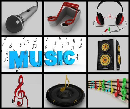 collage of three dimensional 
musical notes and musical equipments in squares