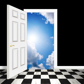 An opened door or entrance leading to a blue sky with fluffy clouds.