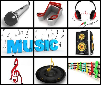 photomontage of three dimensional musical equipments on square background