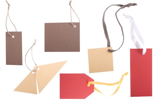 Brown and red different shape, empty tag on white background