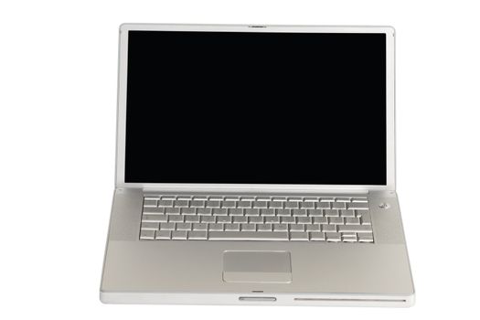 front view of open silver laptop on white background