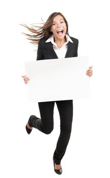 Blank sign business woman. Funny full length of young woman holding white empty billboard or placard. Beautiful mixed race chinese asian / caucasian woman isolated on white background. 