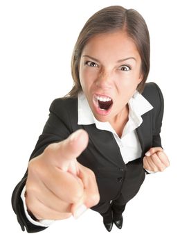 Angry funny businesswoman isolated on white background looking and pointing upset at camera. Full body in high and wide angle view.