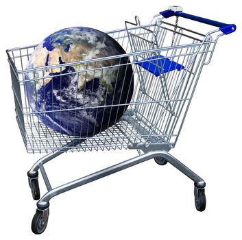 Shopping trolley with earth globe issolated on white with clipping path. Some components of this image are provided courtesy of NASA, and have been found at veimages.gsfc.nasa.gov