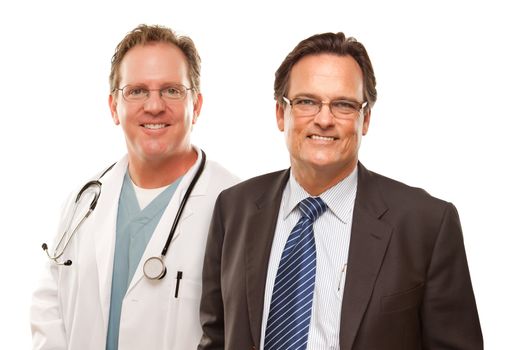 Smiling Businessman with Male Doctor or Nurse Isolated on a White Background.