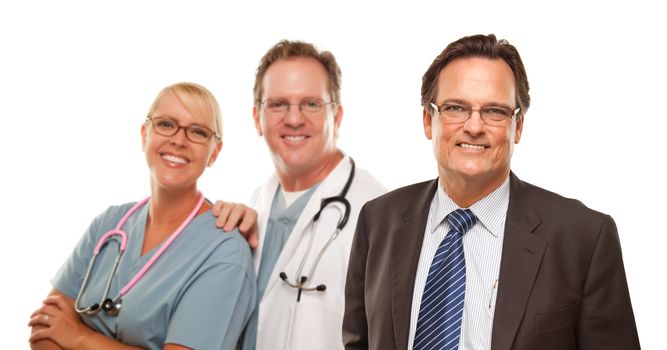 Smiling Businessman with Male and Female Doctor or Nurse Isolated on a White Background.