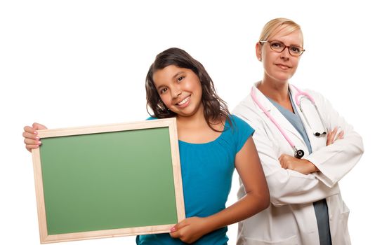 Pretty Hispanic Girl Holding Blank Chalkboard Isolated on a White Background.