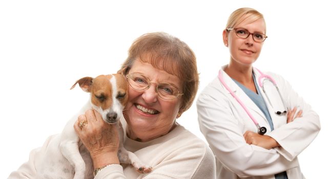 Happy Senior Woman with Her Dog and Veterinarian Isolated on a White Background.