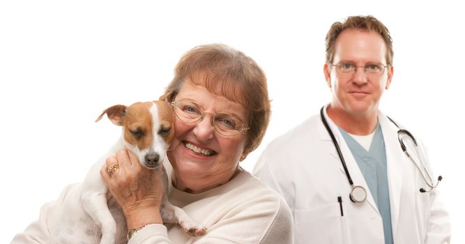 Happy Senior Woman with Her Dog and Male Veterinarian Isolated on a White Background.