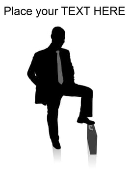 silhouette of man keeping his leg on briefcase with white background