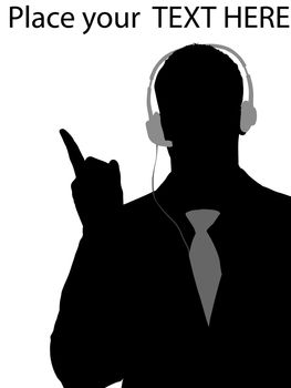 silhouette of executive using headphone and pointing with white background