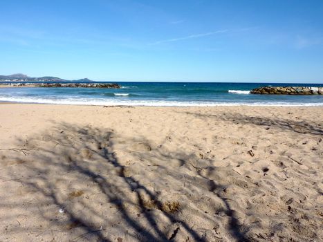 Sand beach and shadow of a tree on it, mediterranean sea and blue sky