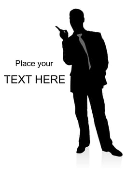 silhouette of young corporate pointing sideways on an isolated white background