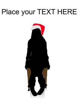 silhouette of woman sitting on chair and wearing christmas hat on an isolated white background