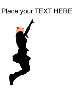 silhouette of pointing female wearing christmas hat on an isolated white background