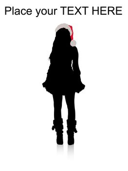 silhouette of standing model with christmas hat on an isolated white background