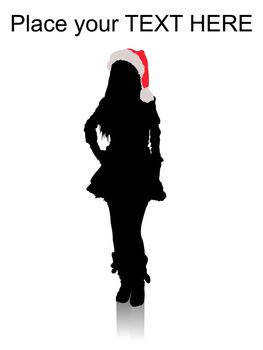 silhouette of standing female with christmas hat on an isolated white background