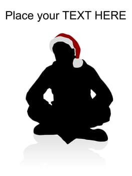 silhouette of young male wearing red christmas hat and sitting on the floor against white background
