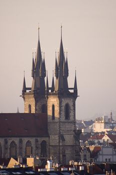 two towers in Prague in Czech Republic